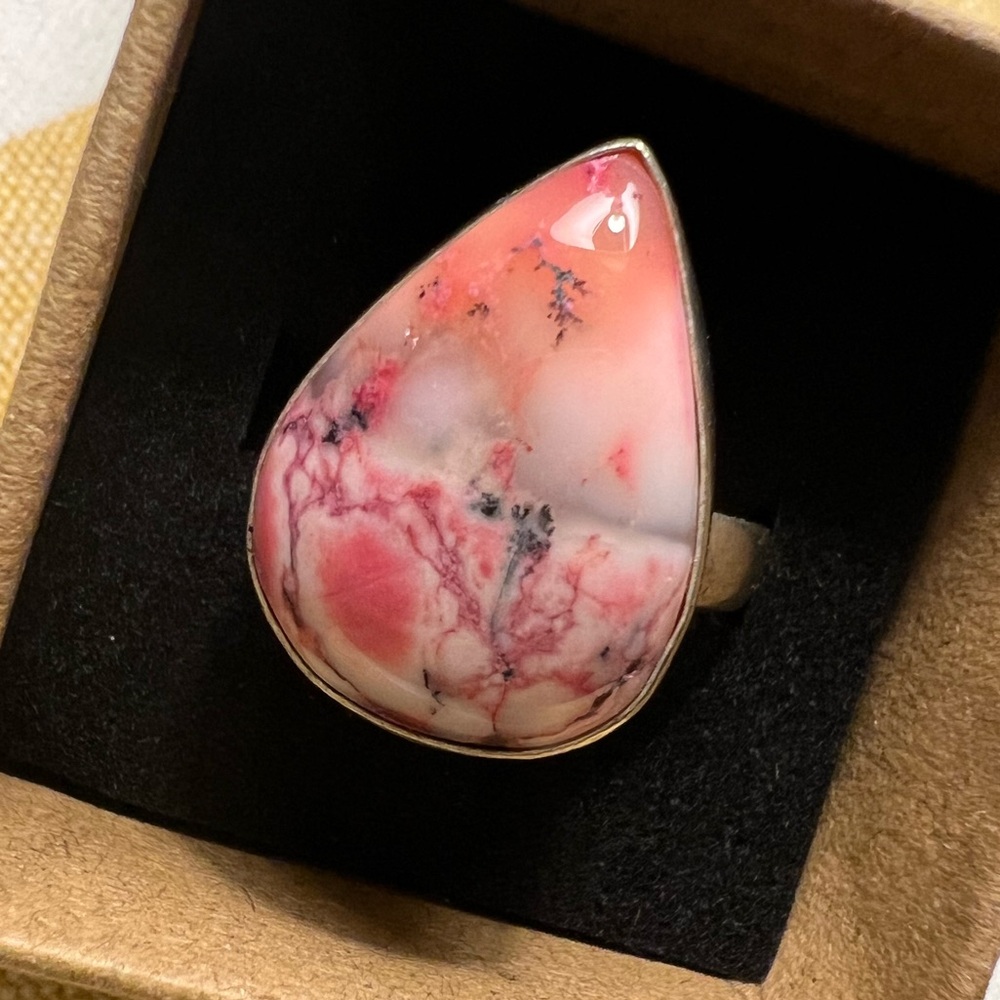 Teardrop Shaped Pink Opal Agate Dendrite Ring